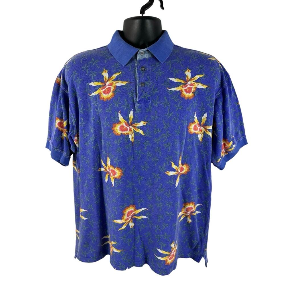Vintage Poi Hawaii Floral Polo Shirt Blue Size 4 / XL 100% Cotton